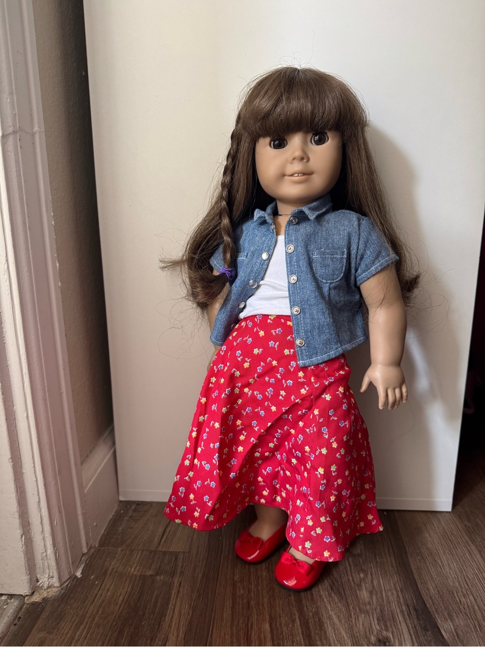 American Girl Denim Top with Red Floral Skirt and Red Shoes